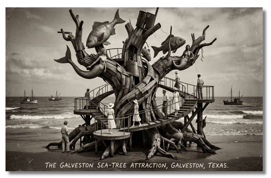 Vintage‑STYLE NEW ART 1930's RPPC-THE GALVESTON SEA TREE-GALVESTON TEXAS-FAUX