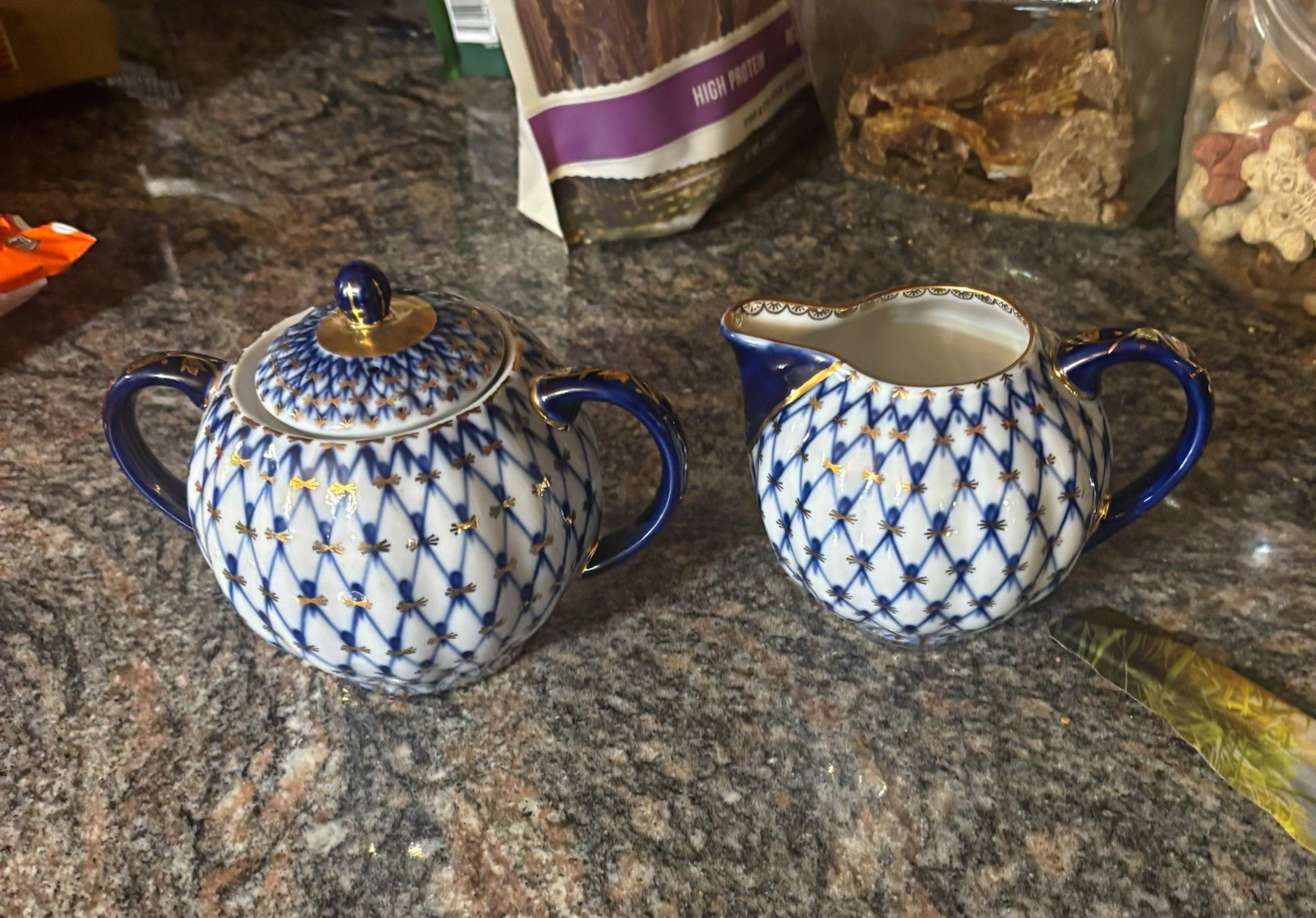 Porcelain Blue White Gold Diamond Pattern Creamer & Lidded Sugar Bowl Set