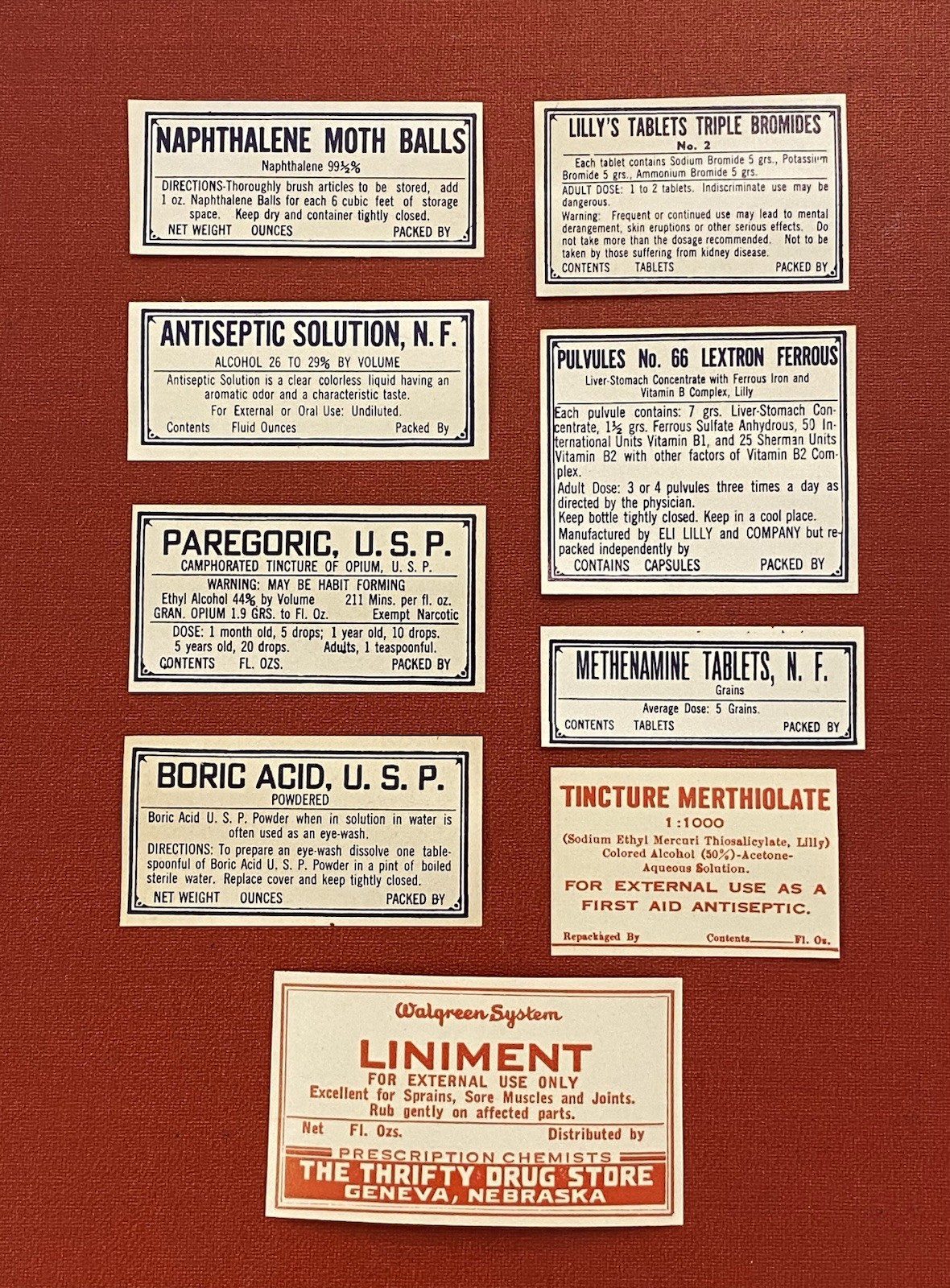 Vintage Drug Store Pharmacy Apothecary Labels Walgreens Lilly Paragoric 9A