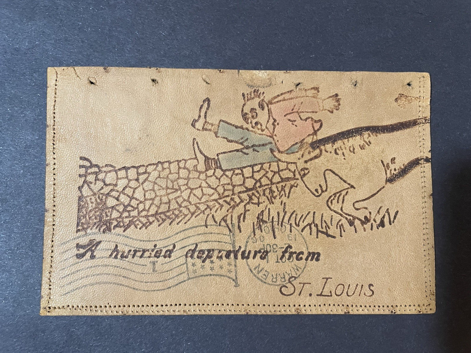 Vintage 1906 Leather Postcard A Hurried Departure From St Louis Goat Attack