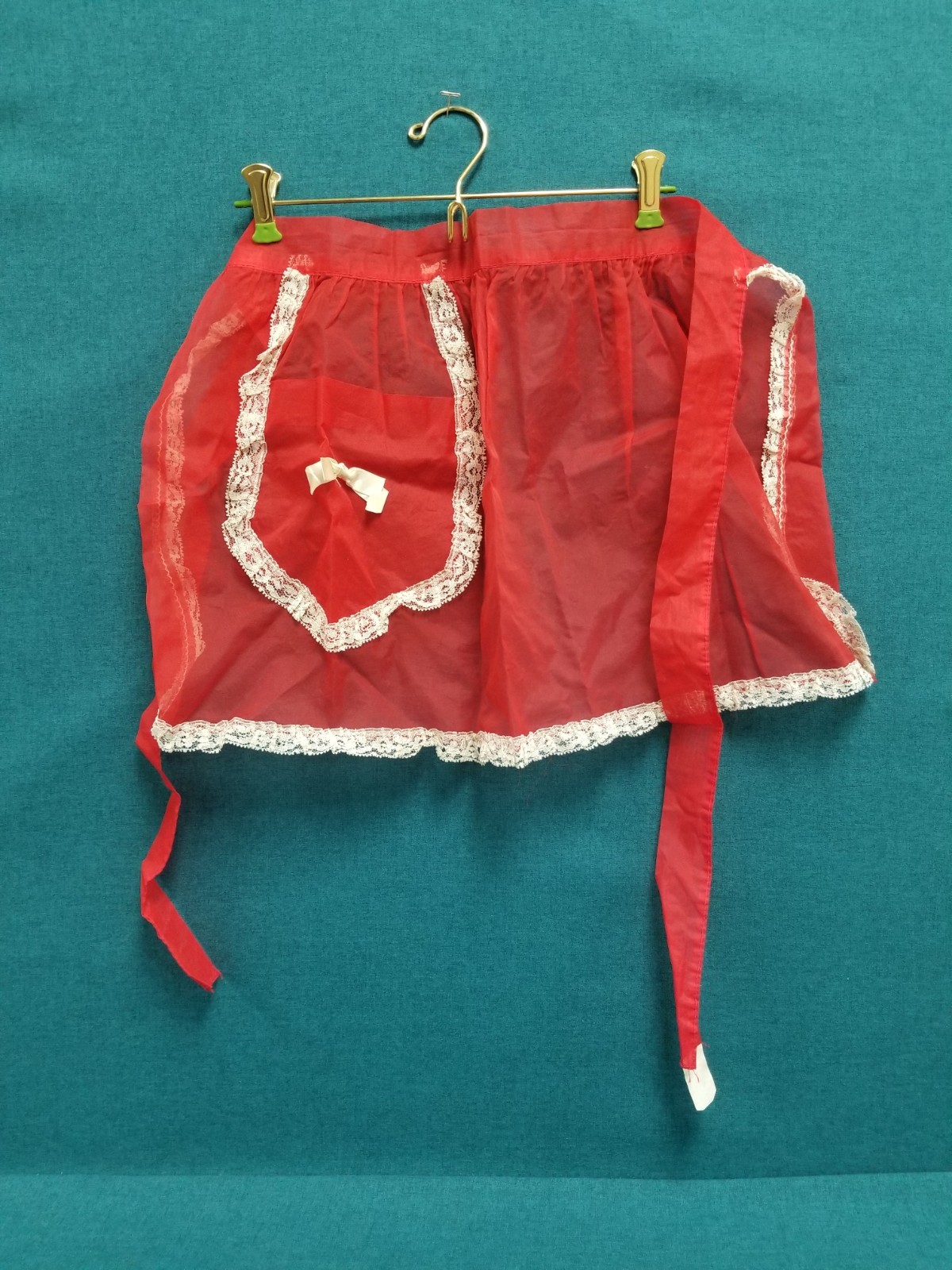 VTG Half Tie Apron Red Sheer Organza w/ White Lace & Bow Pocket USA Made 
