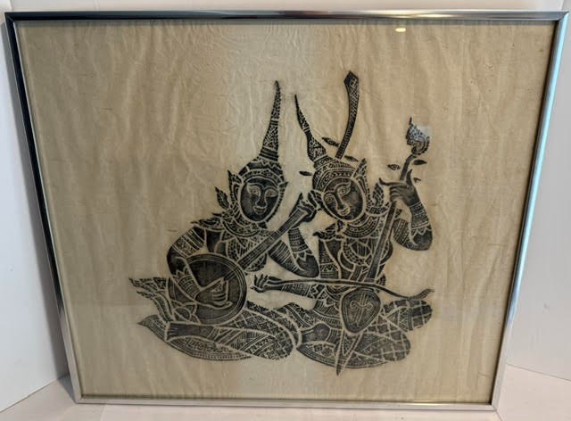 VINTAGE FRAMED THAI TEMPLE RUBBING 2 MUSICIANS ON MULBERRY OR RICE PAPER 23 X 20