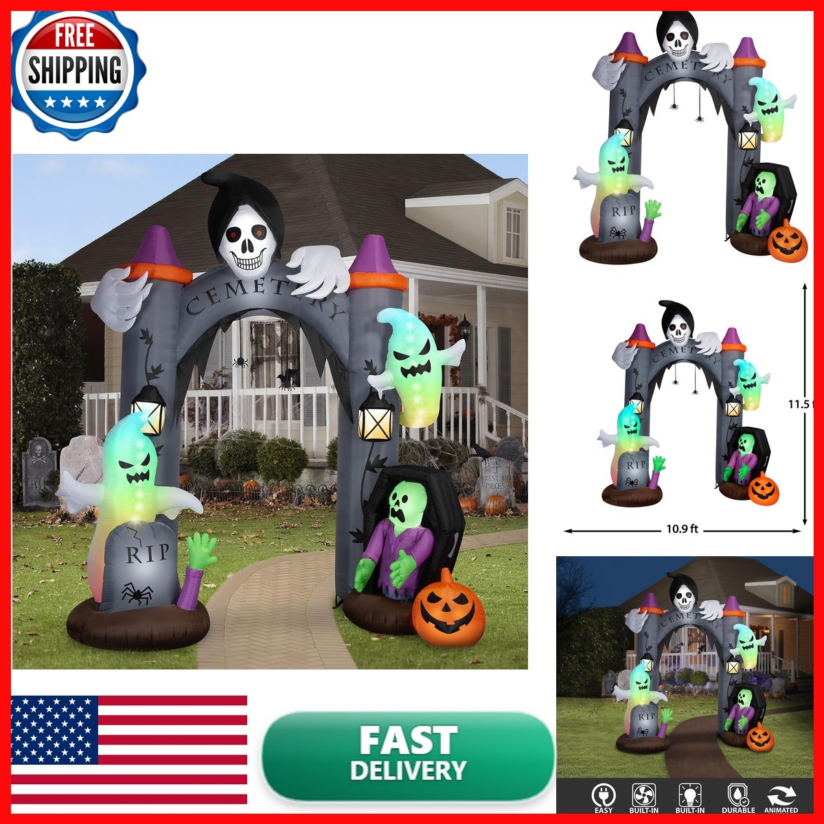 Gemmy AIRBLOWN 11.5 FT Haunted Cemetery Archway Inflatable with LEDs Halloween