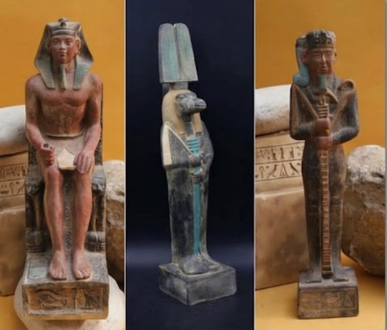 Egyptian Statues of King Khafre , Goddess Sobek and God Moon Khonsu
