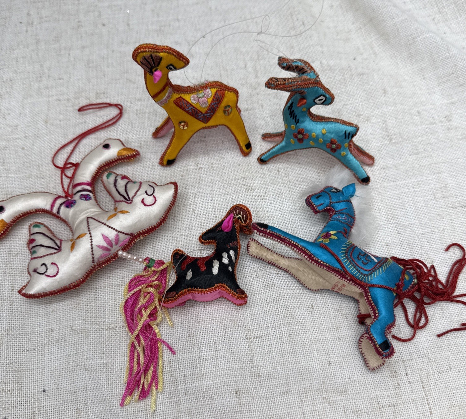 Vtg Mini Chinese Handcrafted Satin Silk Fabric Horses Ram Ducks Figures Lot of 5