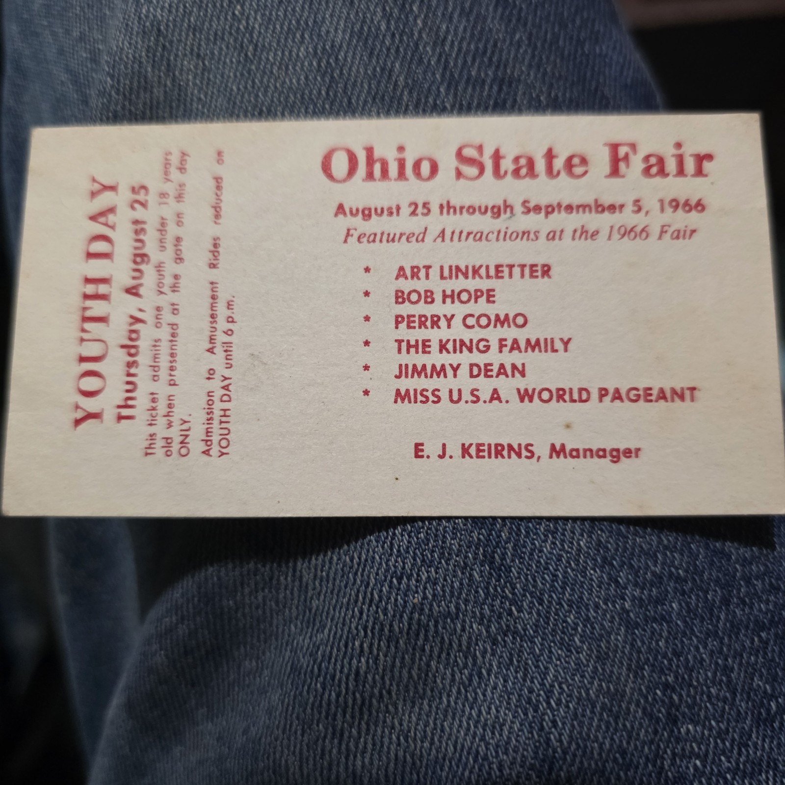 COLUMBUS OH Vintage Ticket OHIO STATE FAIR Youth Day 1966 Miss USA  Bob Hope 