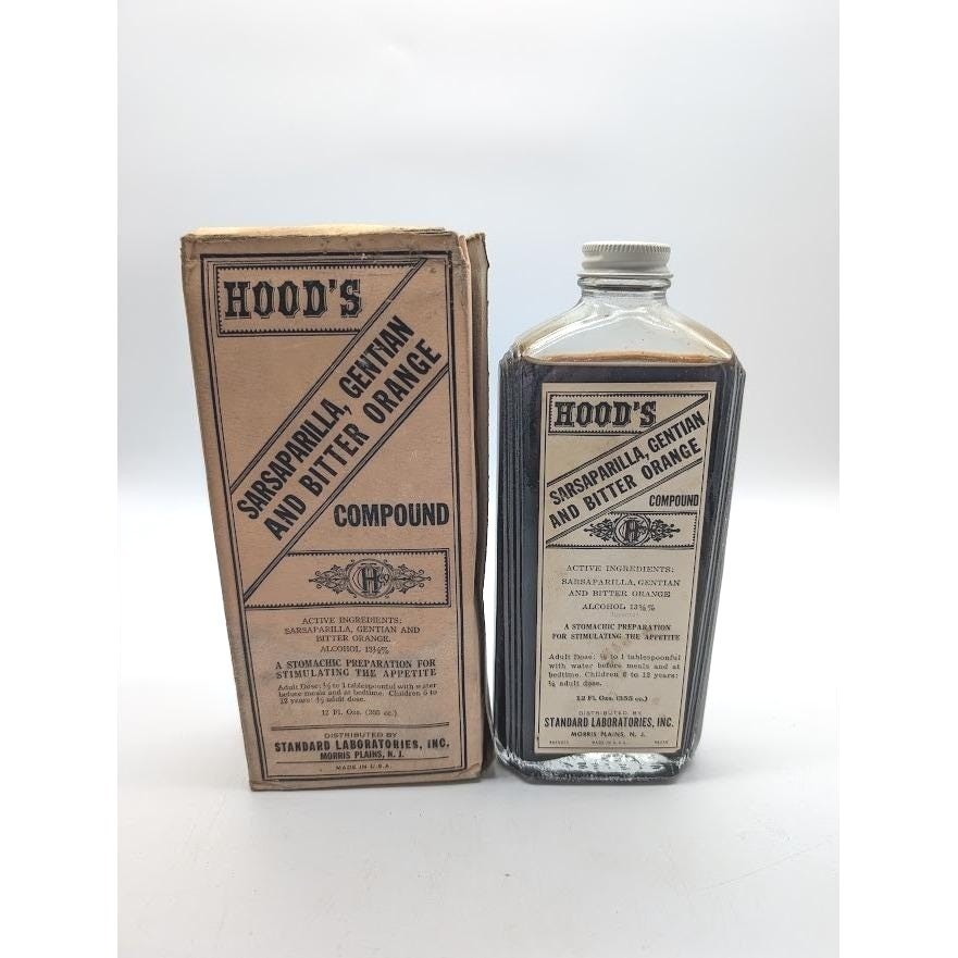 Vtg 1940 Hoods Sarsaparilla Gentian & Bitter Orange Compound Bottle Box Contents