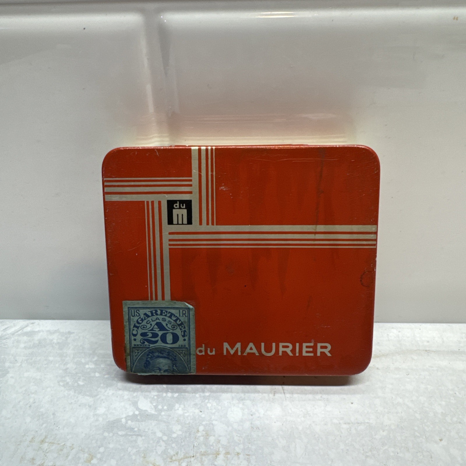 Vintage du Maurier Cigarette Tin Red White Metal Tobacco Box Excellent