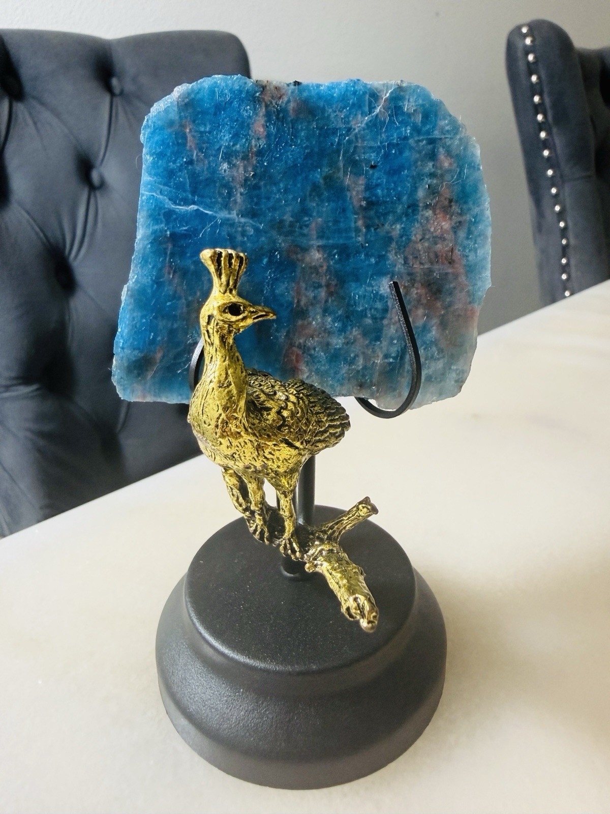 Vibrant Natural Blue Apatite Raw Slab Peacock Display | Metal Stand Sculpture