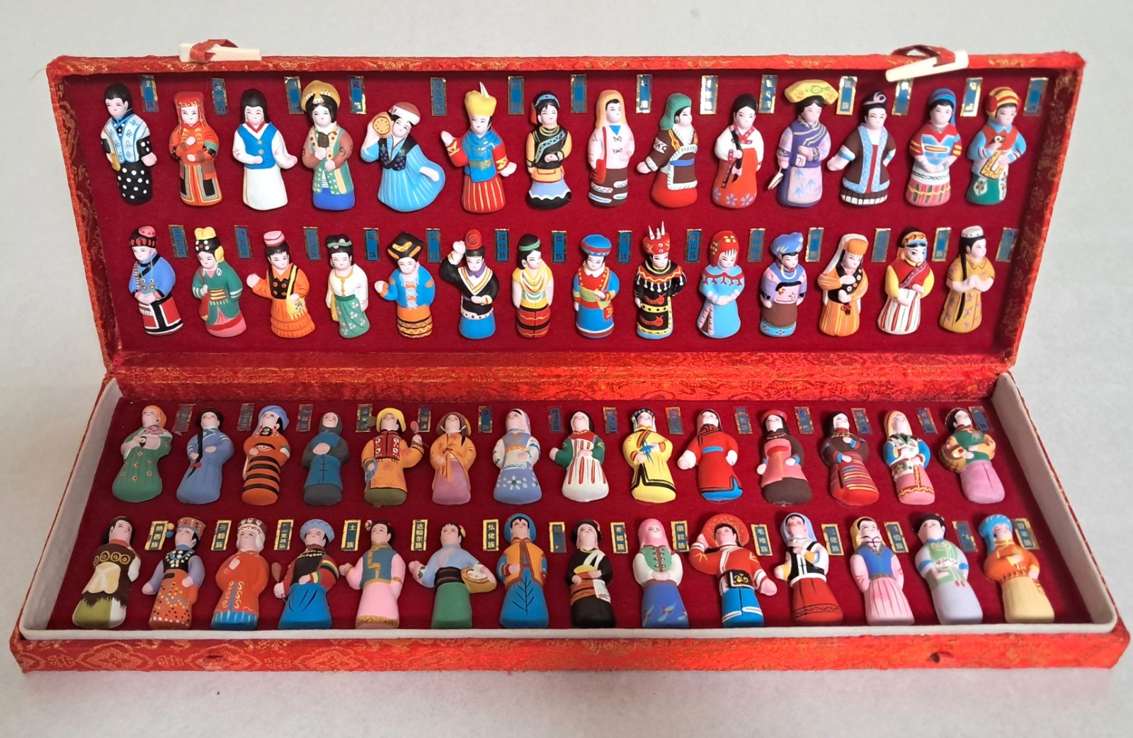 Vintage 1998 Chinese 56 Ethnic Groups Complete Clay Figurine Set Brocade Box...