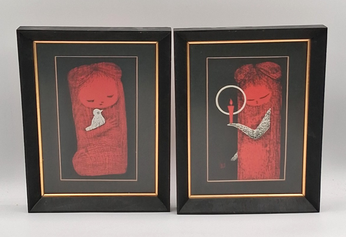 Pair Kaoru Kawano Woodblock Prints Girl with Bird & Candle Japanese Art Framed