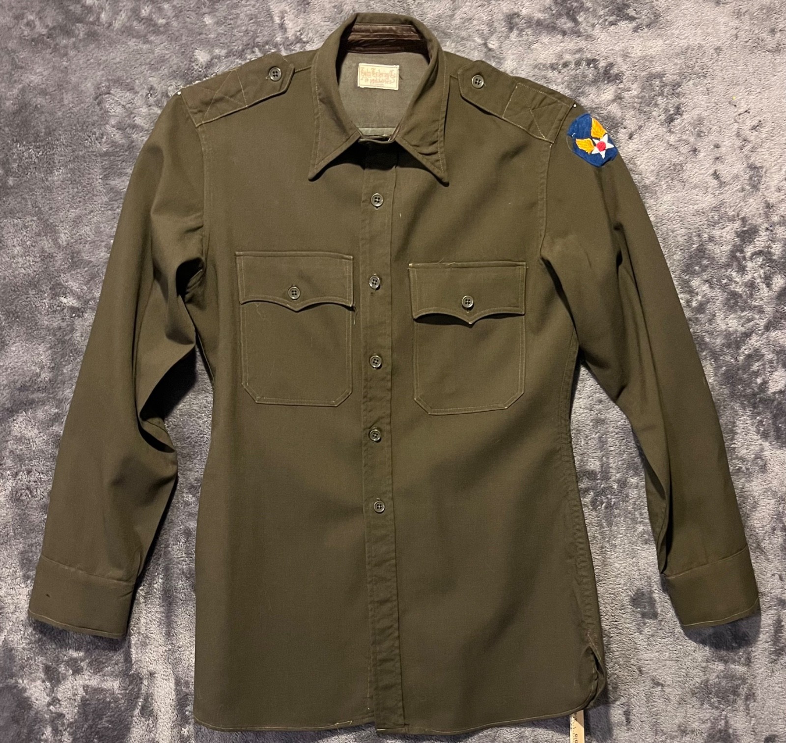 VTG WWII USAAF Air Force Officer Olive Green Shirt W/ Patch 