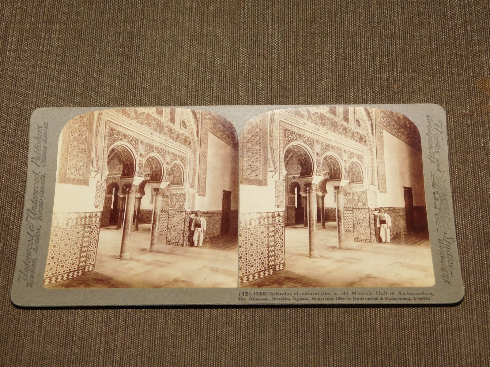VINTAGE STEREOVIEW STEREOSCOPE CARD 1908 ALCAZAR SEVILLE SPAIN MOORISH HALL