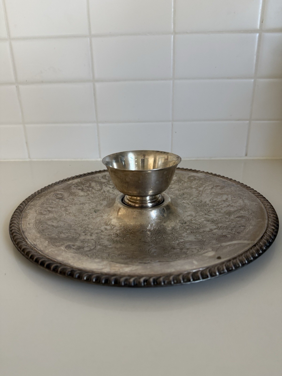 Vintage Silver Plated Chip and Dip Serving Tray with Bowl 2 Piece