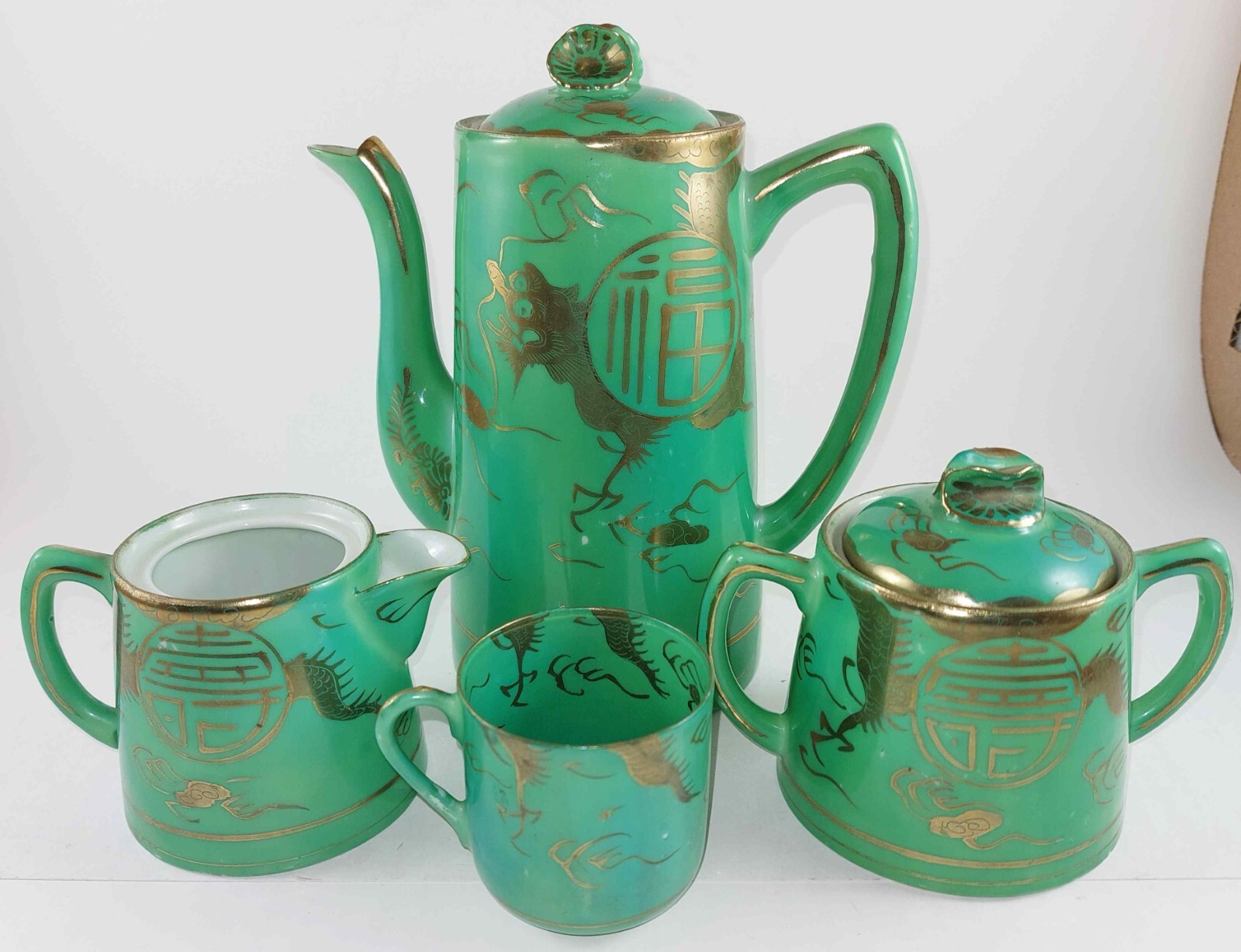 ANTIQUE JAPAN MEIJI TAISHO EIRAKU PORCELAIN GREEN DRAGON GOLD TEA COFFEE SET