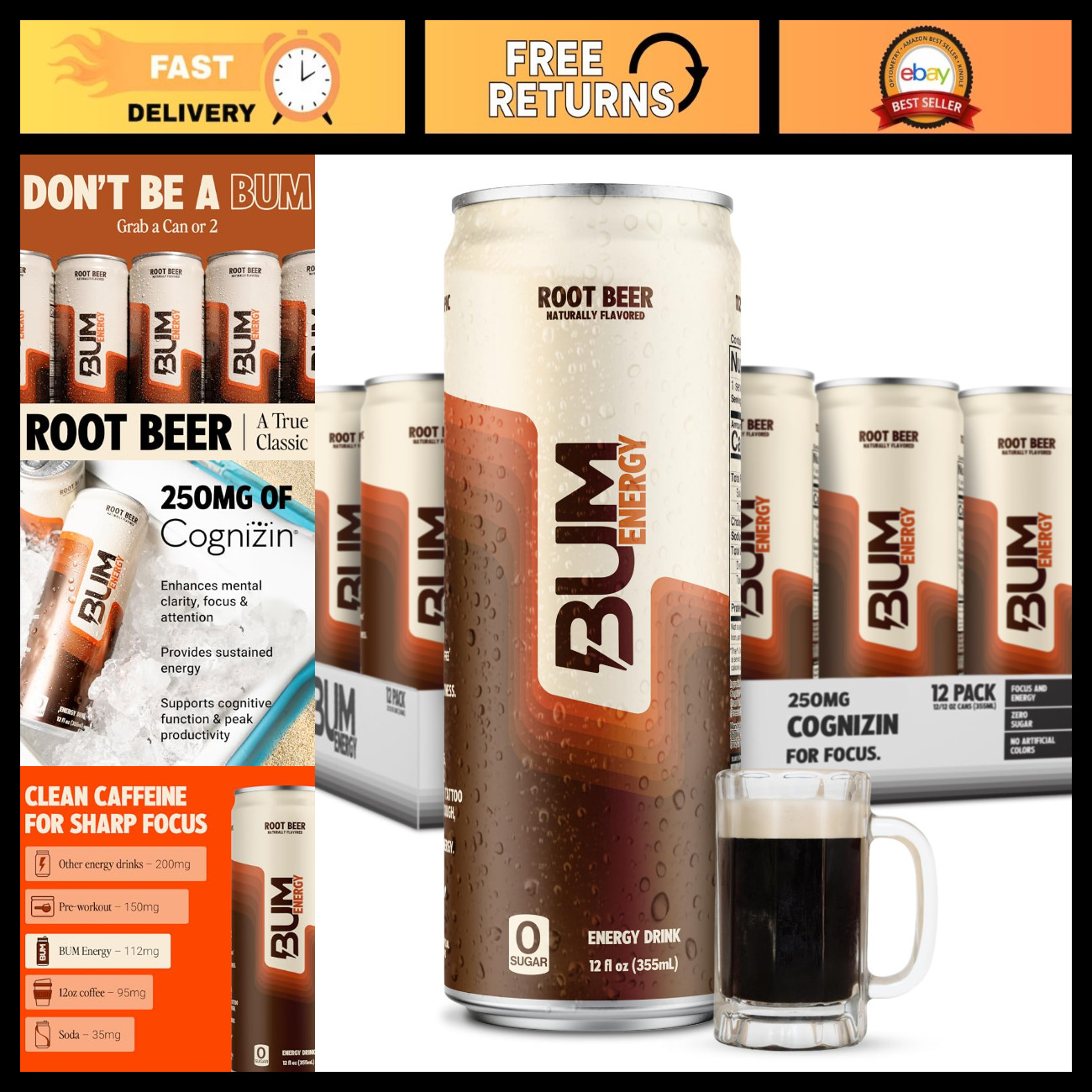Sugar Free Energy Drink with Nootropics - Root Beer Flavor, 12 Pack (12 Fl Oz)