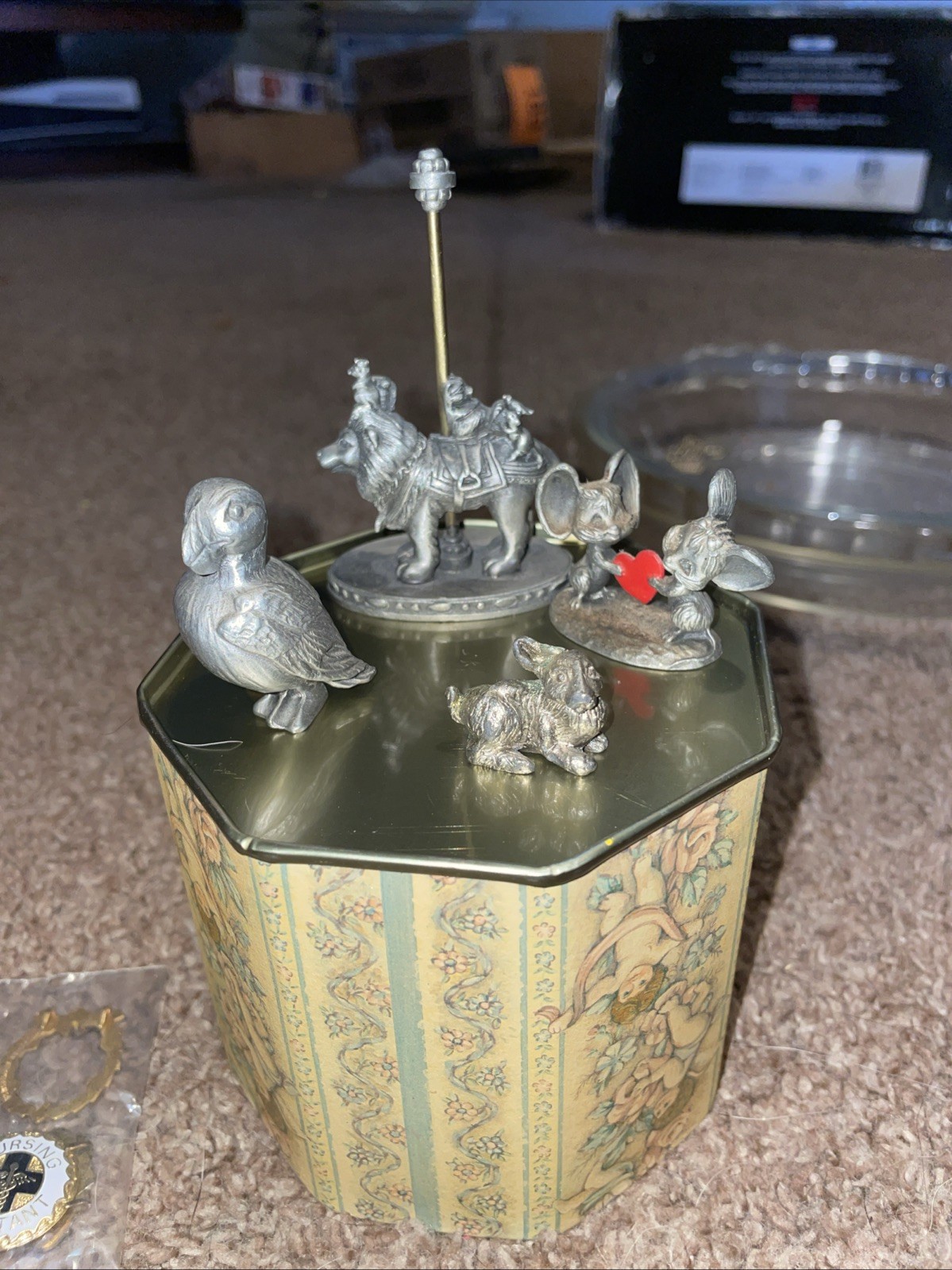 ⁠Lot of 4 Vintage Pewter Figurines - Carousel Lion, Mice w/ Heart, Puffin, Bunny
