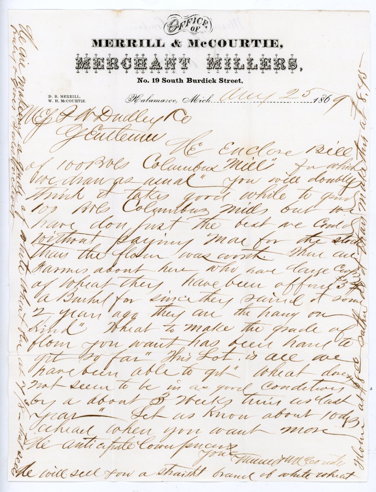 1869 Merrill & McCourtrie Merchant Millers Letter Kalamazoo MI Columbus Mill F