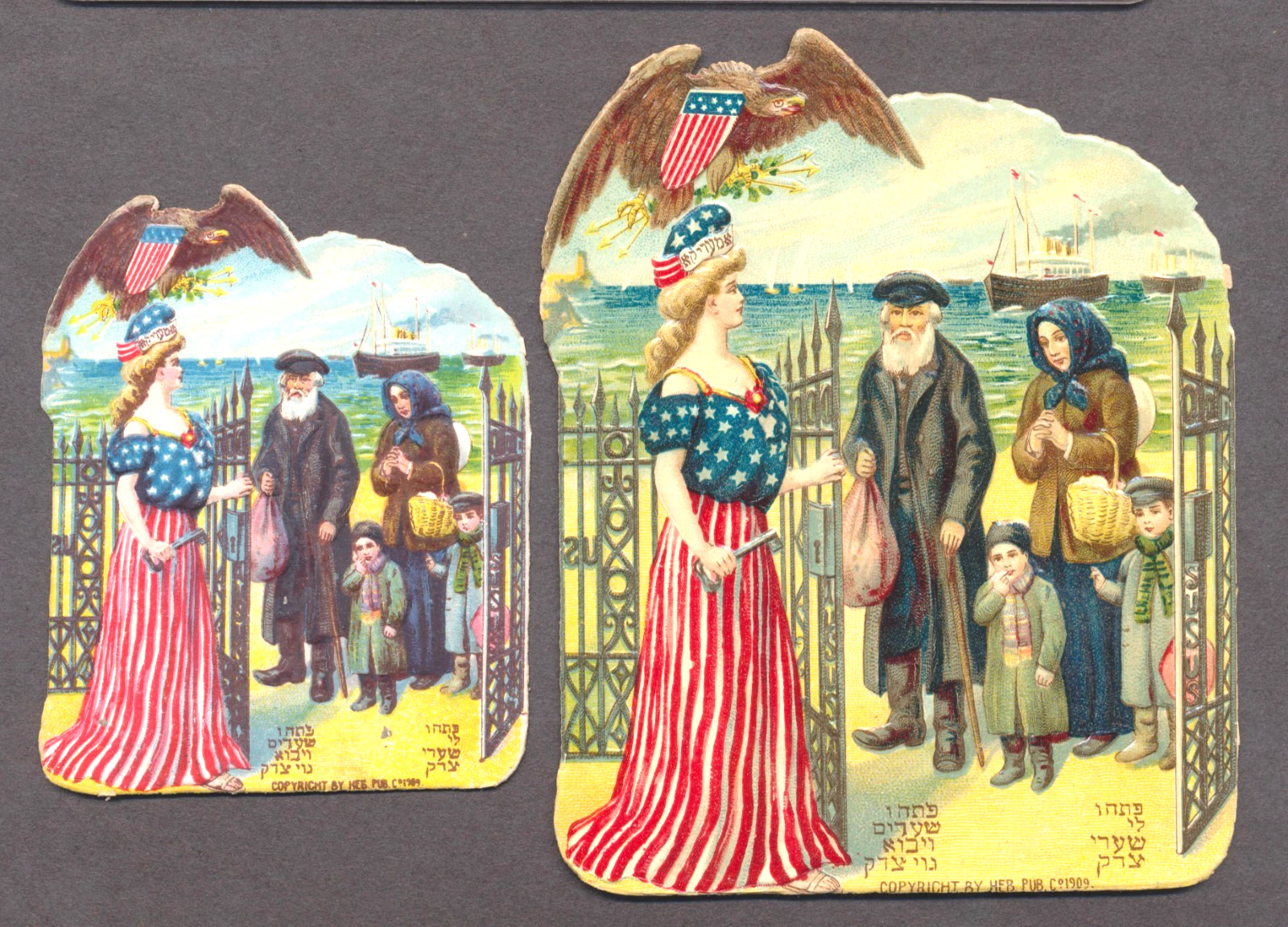 Judaica 2 RARE Old Litho. Die Cuts-Lady Liberty Welomes Refugees Small & Medium