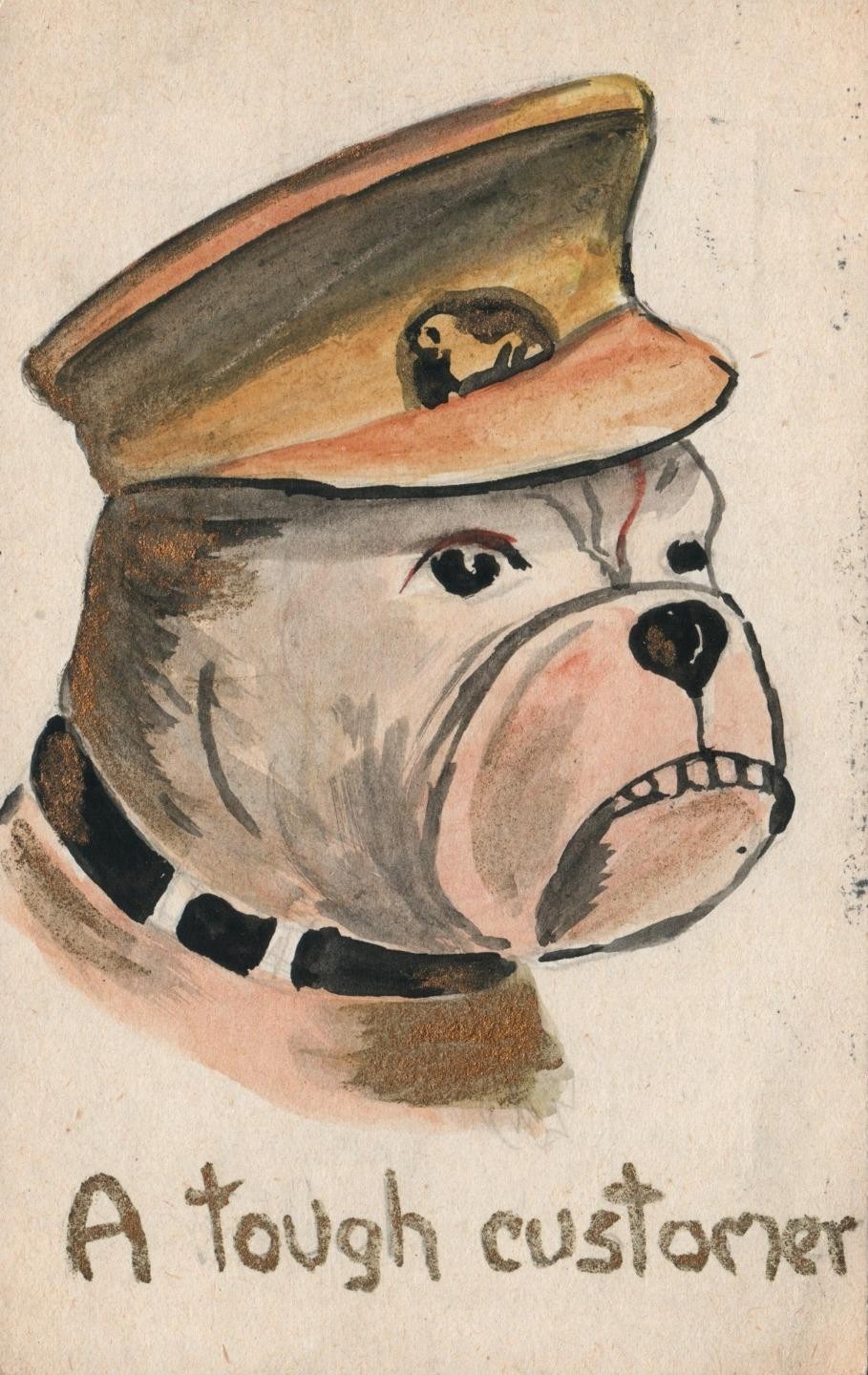 WWI ANTIQUE Original Pen & Ink Patriotic English Bulldog POSTCARD to Longlevens