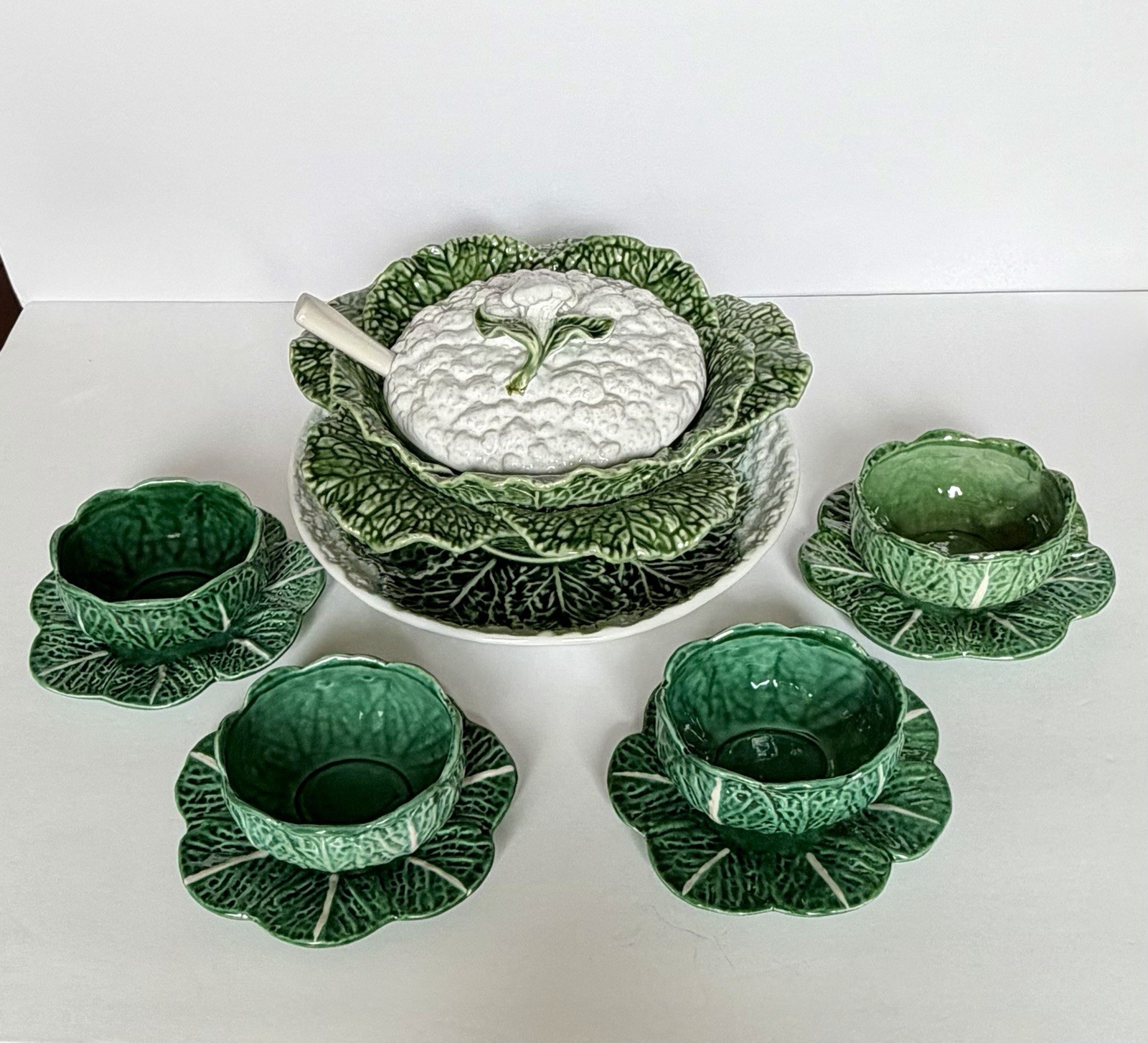Vintage Portuguese Majolica Cabbage Cauliflower Soup Tureen 11 Pc Bowl Set