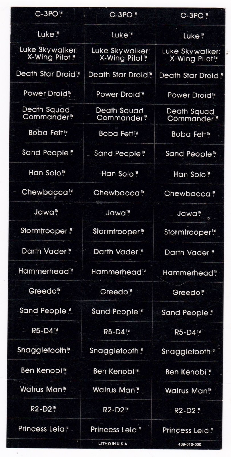 Vintage Kenner Star Wars Collector Case Name Sticker Sheet 439-010-000