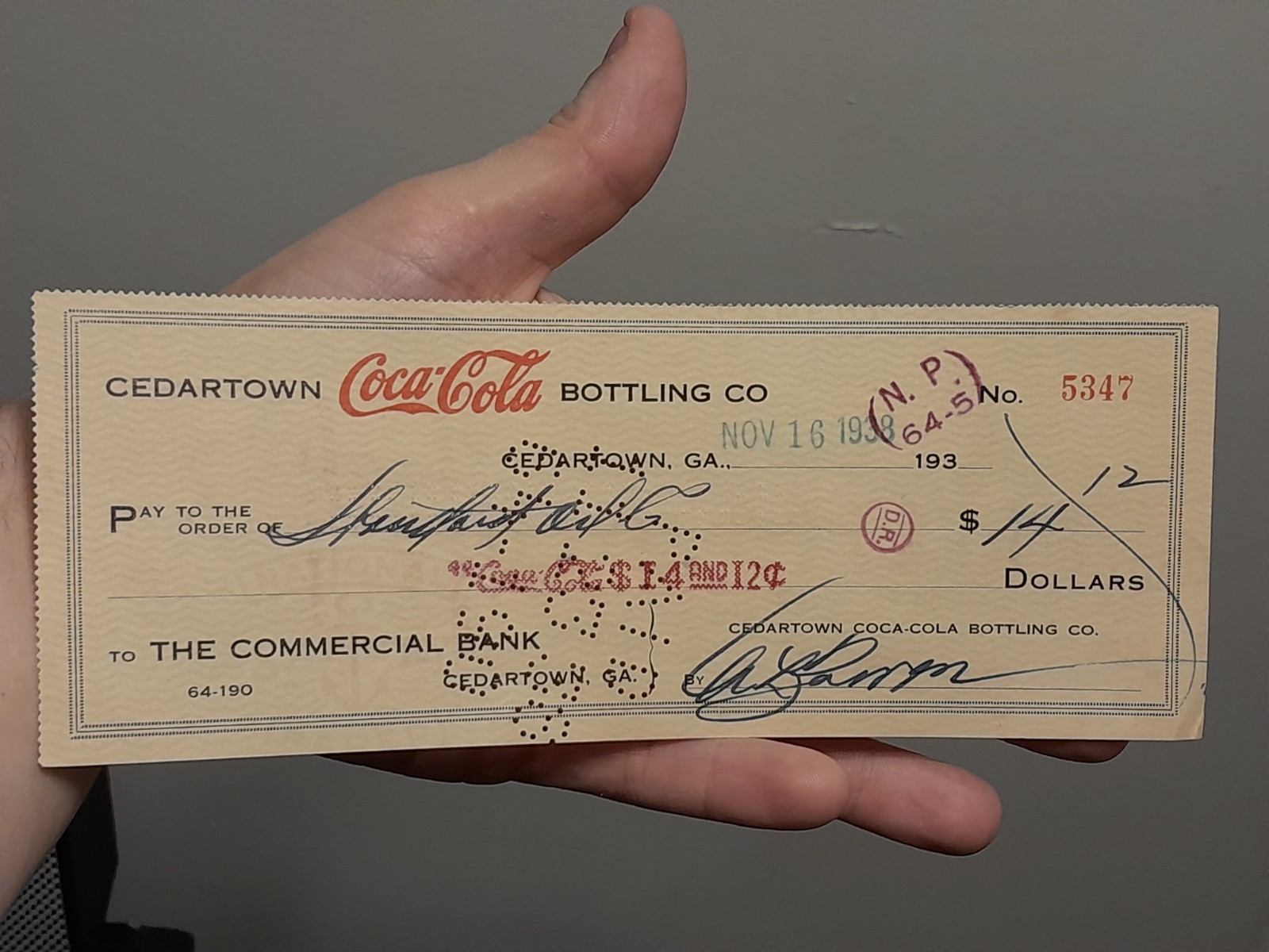 1938 Cedartown Coca-Cola Bottling Co Bank Check Cedartown, GA