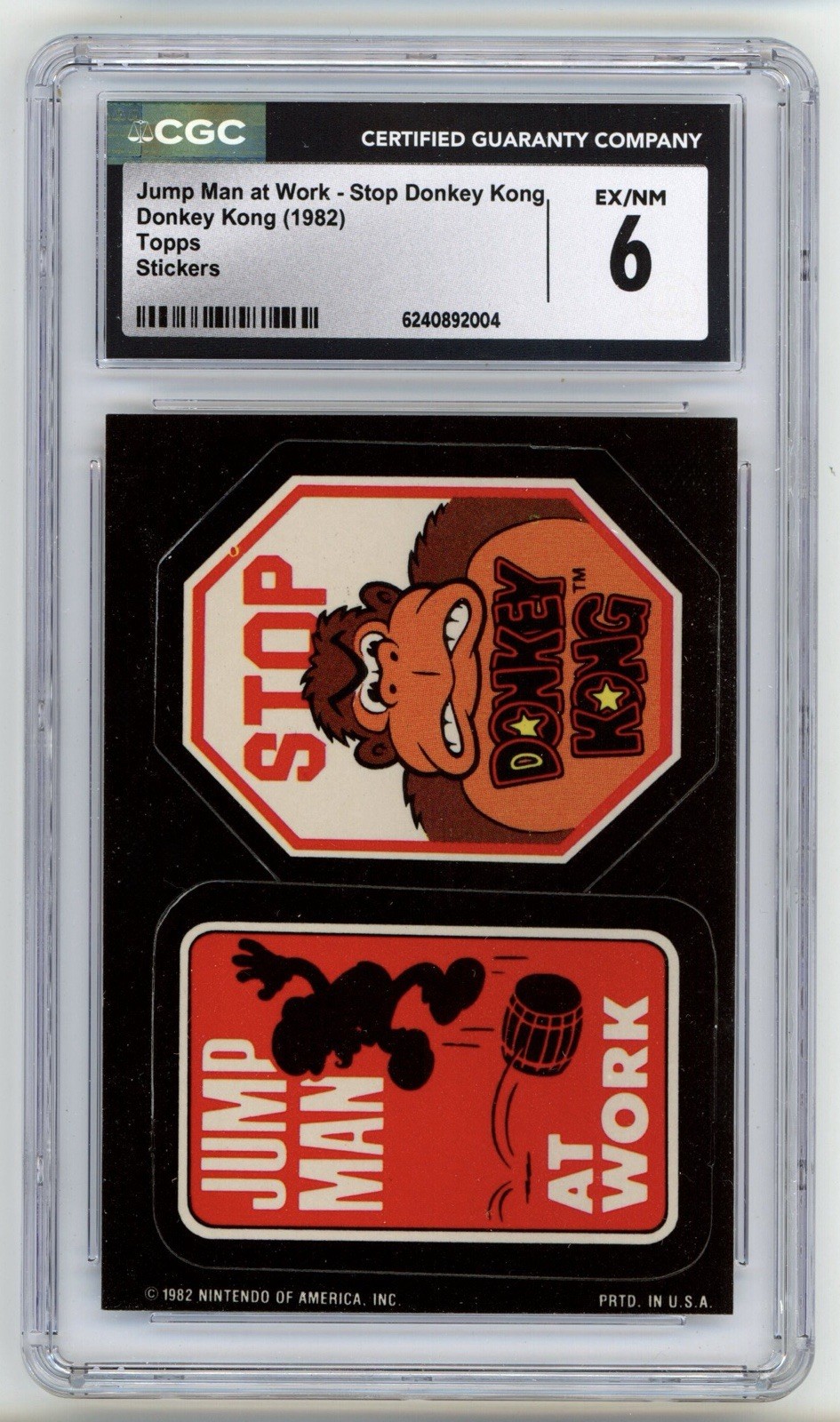 1982 TOPPS DONKEY KONG JUMP MAN AT WORK - STOP DONKEY KONG STICKER CARD CGC 6