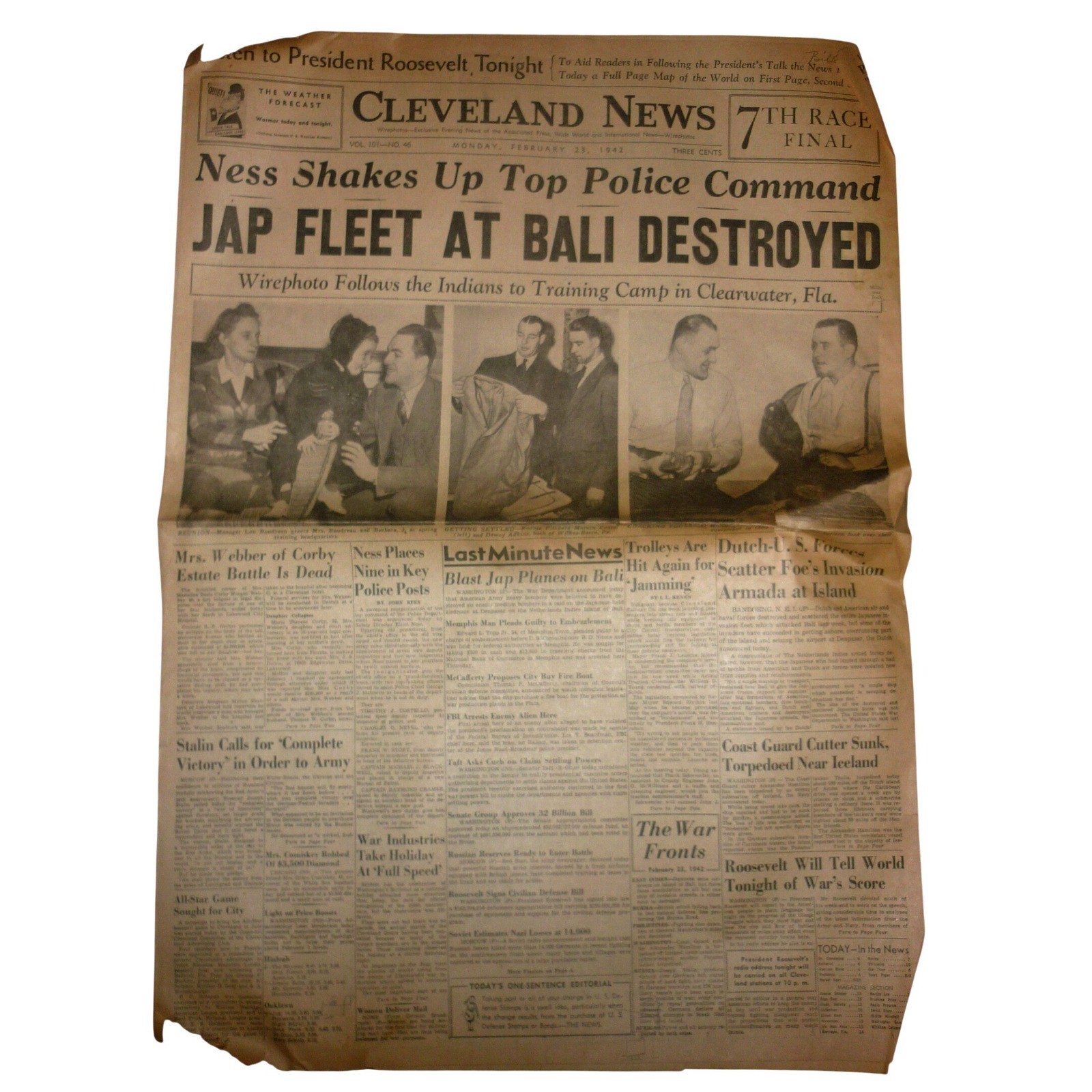Vintage Cleveland News Newspaper Feb 23 1942 WWII Bali Fleet Eliot Ness News