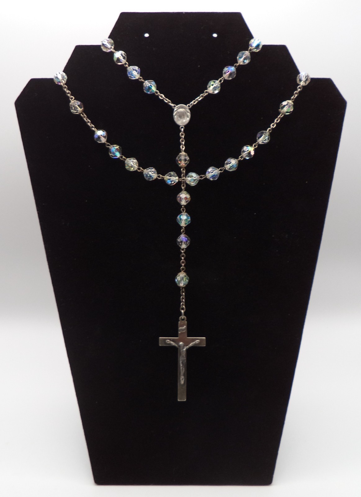 Vintage Wolcott Sterling Silver Faceted Aurora Borealis Crystal Rosary 49.6g