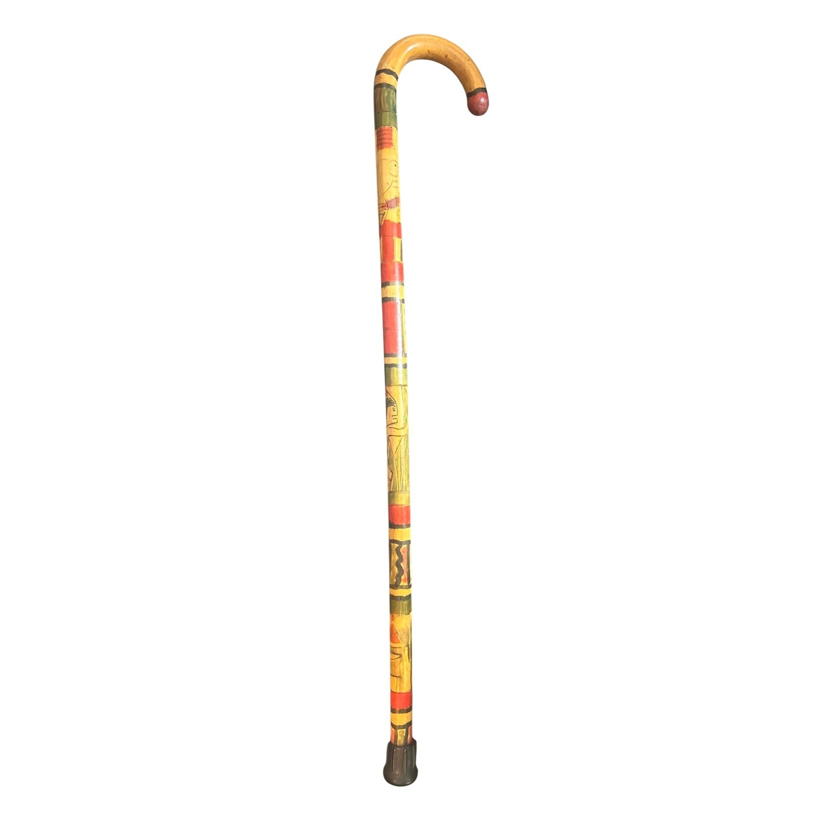 Vintage Hand Carved Painted Wooden Walking Cane Indigenous Folk Art Crook Handle