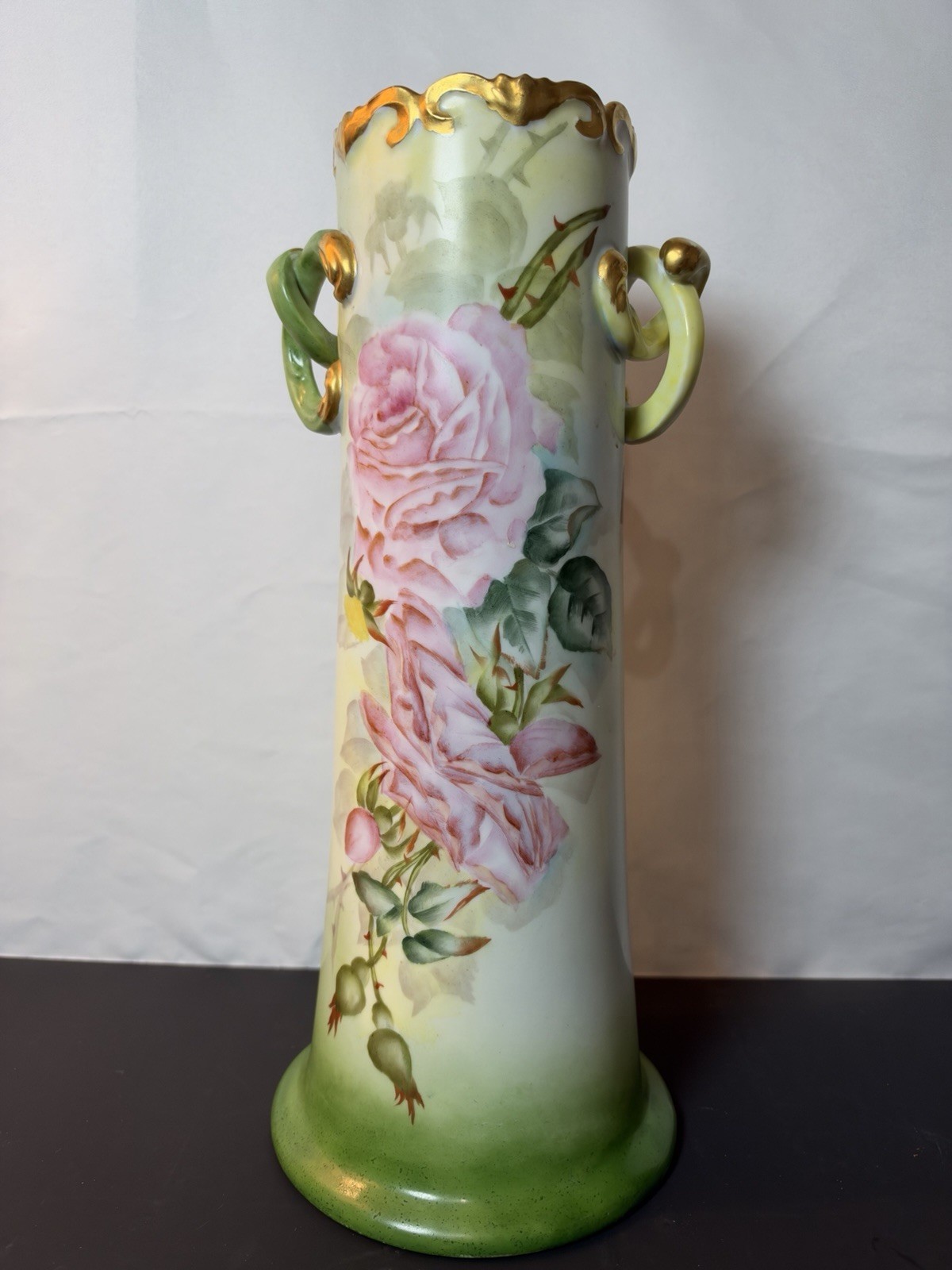Antique  Hand Painted Austrian Double Pretzel Handled Vase with Pink Roses