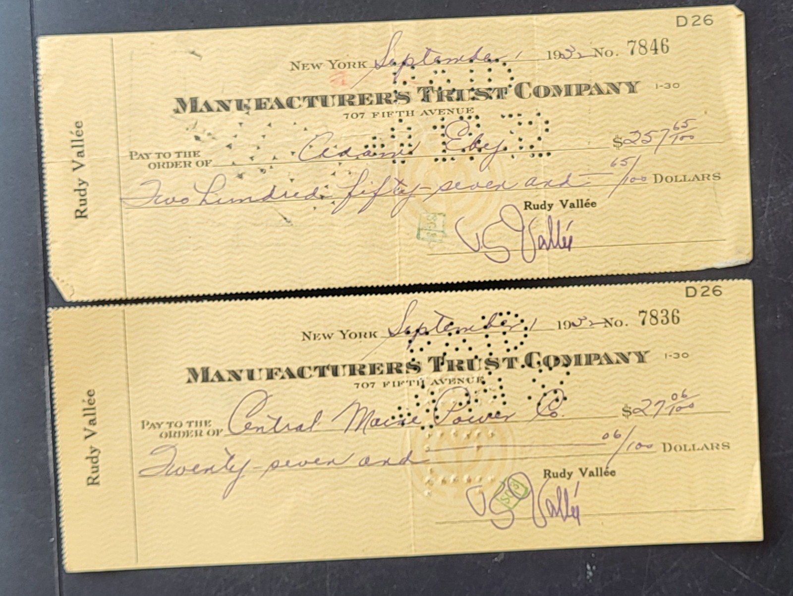 (2) Rudy Vallee Autographed Personal Checks from 1932 First Teen Idol Died 1986