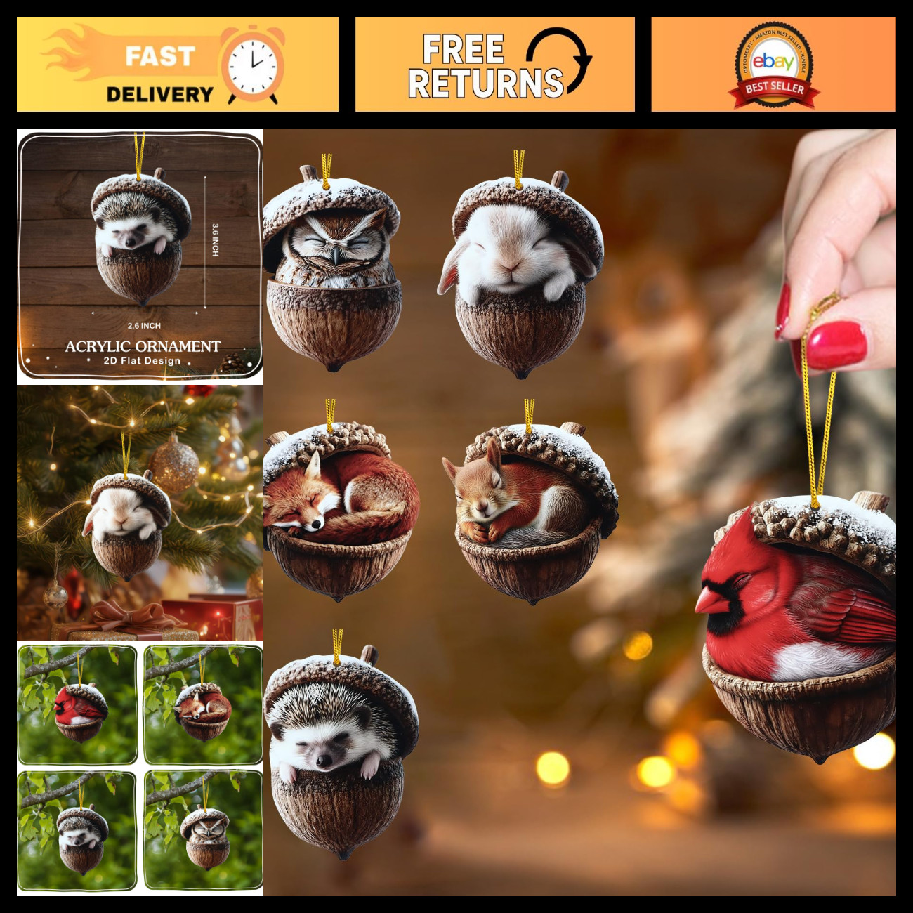 Woodland Forest Animal Acorn Ornaments - 6 Pack Acrylic Hanging Christmas Decor
