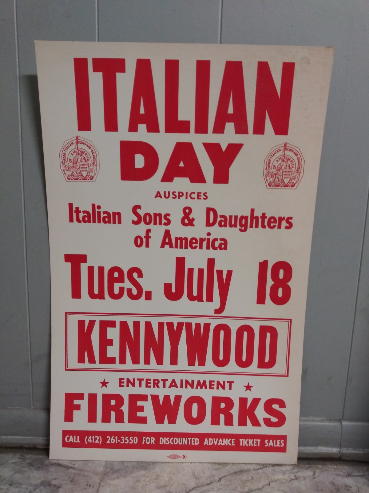 Vintage Poster Pittsburgh 60's Letterpress  Italian Day Kennywood Tue. July 18th
