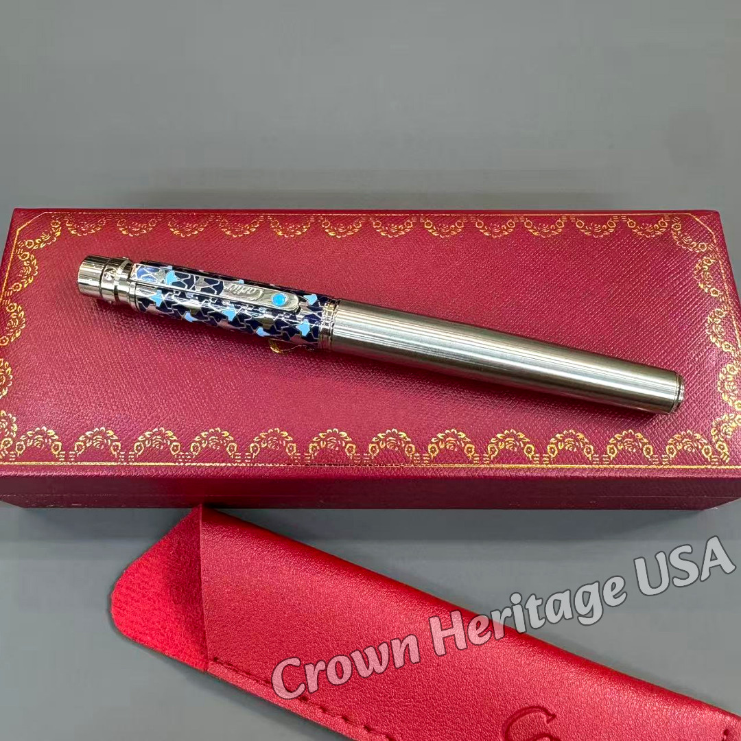 CARTIER Santos de Cartier Rollerball Pen Blue Design Silver Tone w/ Box