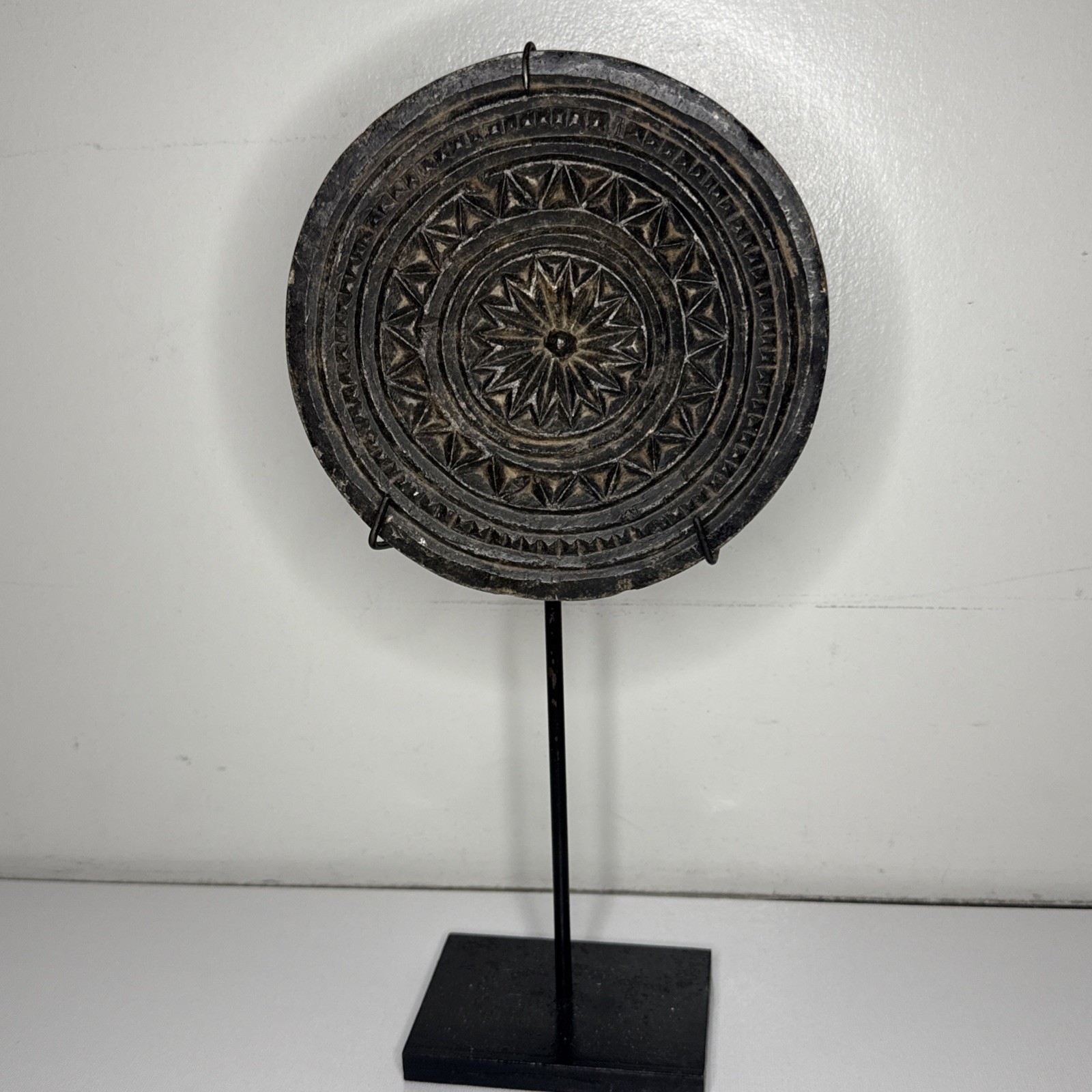 Antique Hand Carved Black Stone Disc Sculpture 6.5\