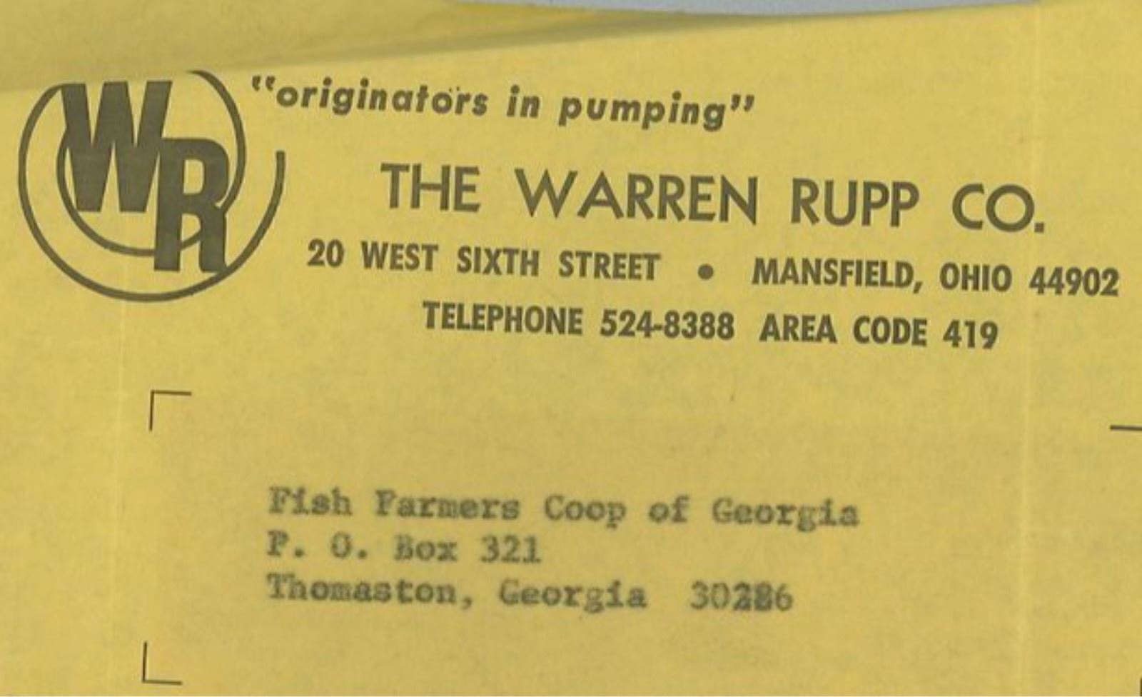 1968 Warren Rupp Co Mansfield Ohio Fish Farmers Corp Thomaston GA Invoice 429