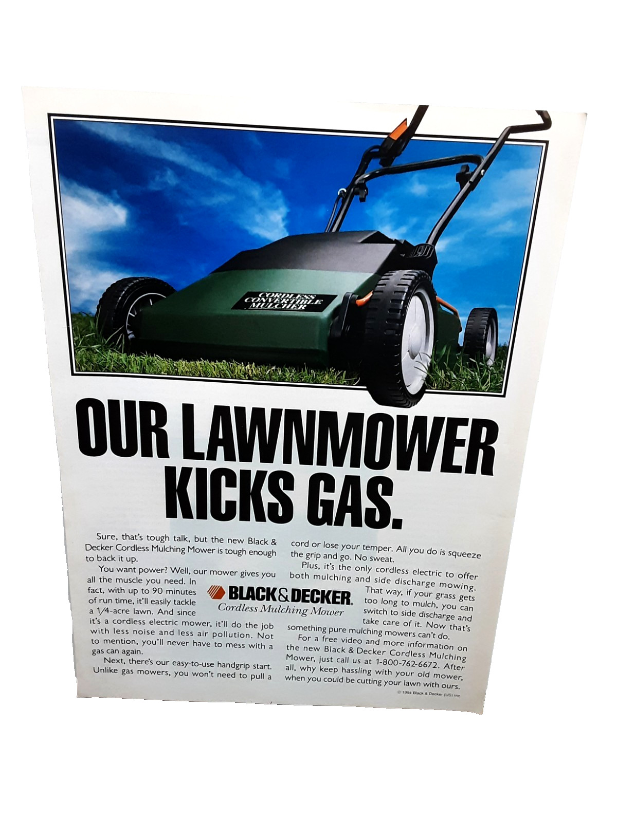 1994 Black & Decker Cordless Lawn Mower Vintage Print Ad Kicks Gas
