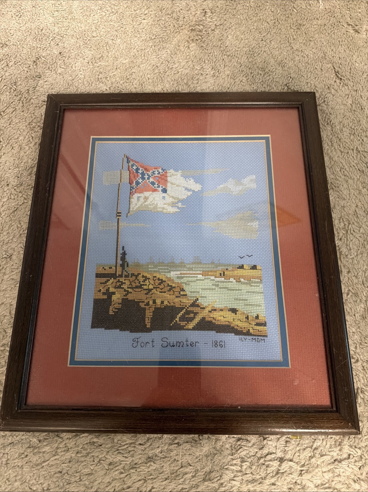 Vintage Fort Sumter 1861 Framed Cross Stitch Civil War Needlepoint Artwork