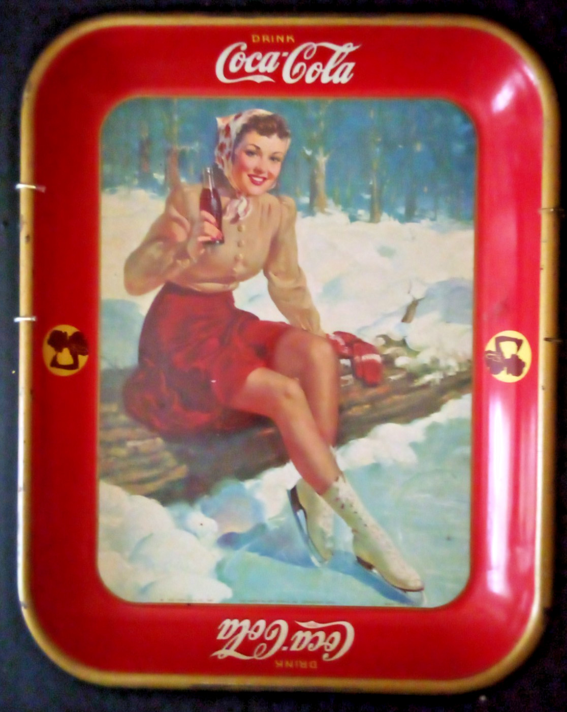 VTG 1941 COCA COLA METAL TRAY WOMAN ICE SKATING ADVERTISING