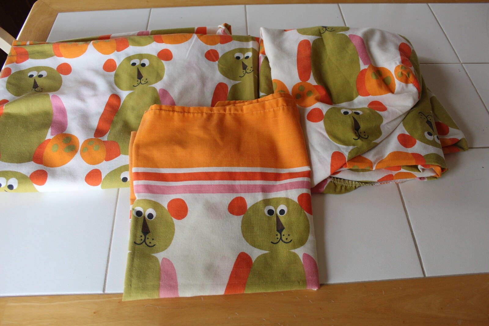 VTG 60'S MID CENTURY PACIFIC USA SCUDA BEAR TWIN SHEET SET FITTED FLAT PILLOWCAS