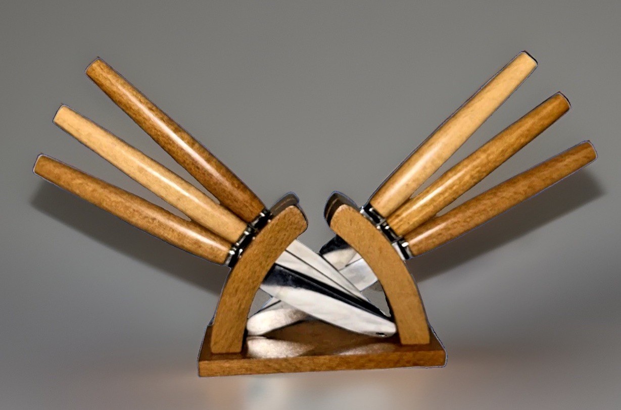 vintage MCM 6 fruit knife set, teak arch stand Karlsson & Nilsson Made in Sweden