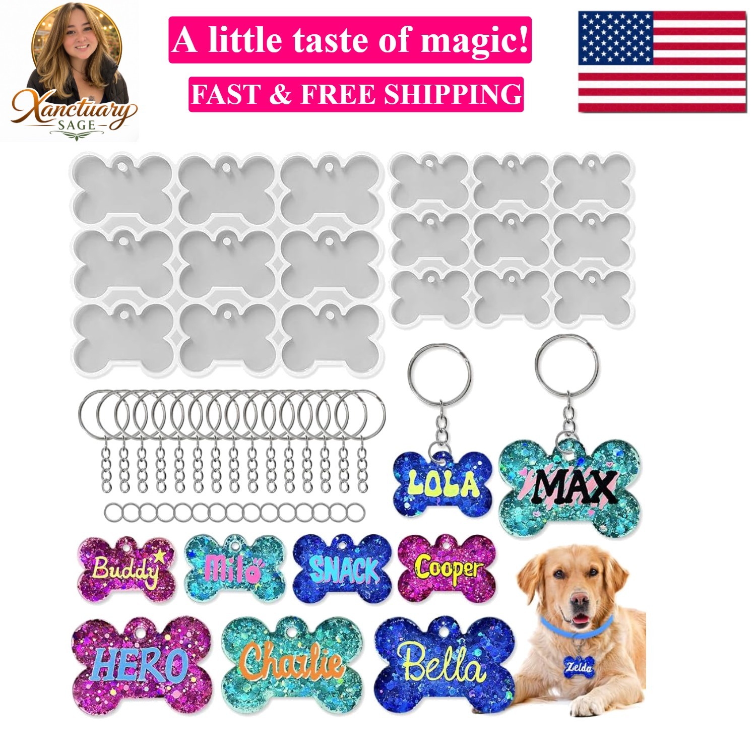 Set of 2'' & 1.5'' Dog Bone Silicone Molds with 15Pcs Key Ring & 15pcs Jump R...