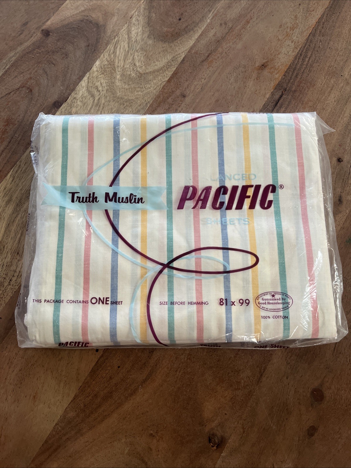 VTG Pacific Truth Muslin Double 81x99 Sheet NOS Sealed New Striped