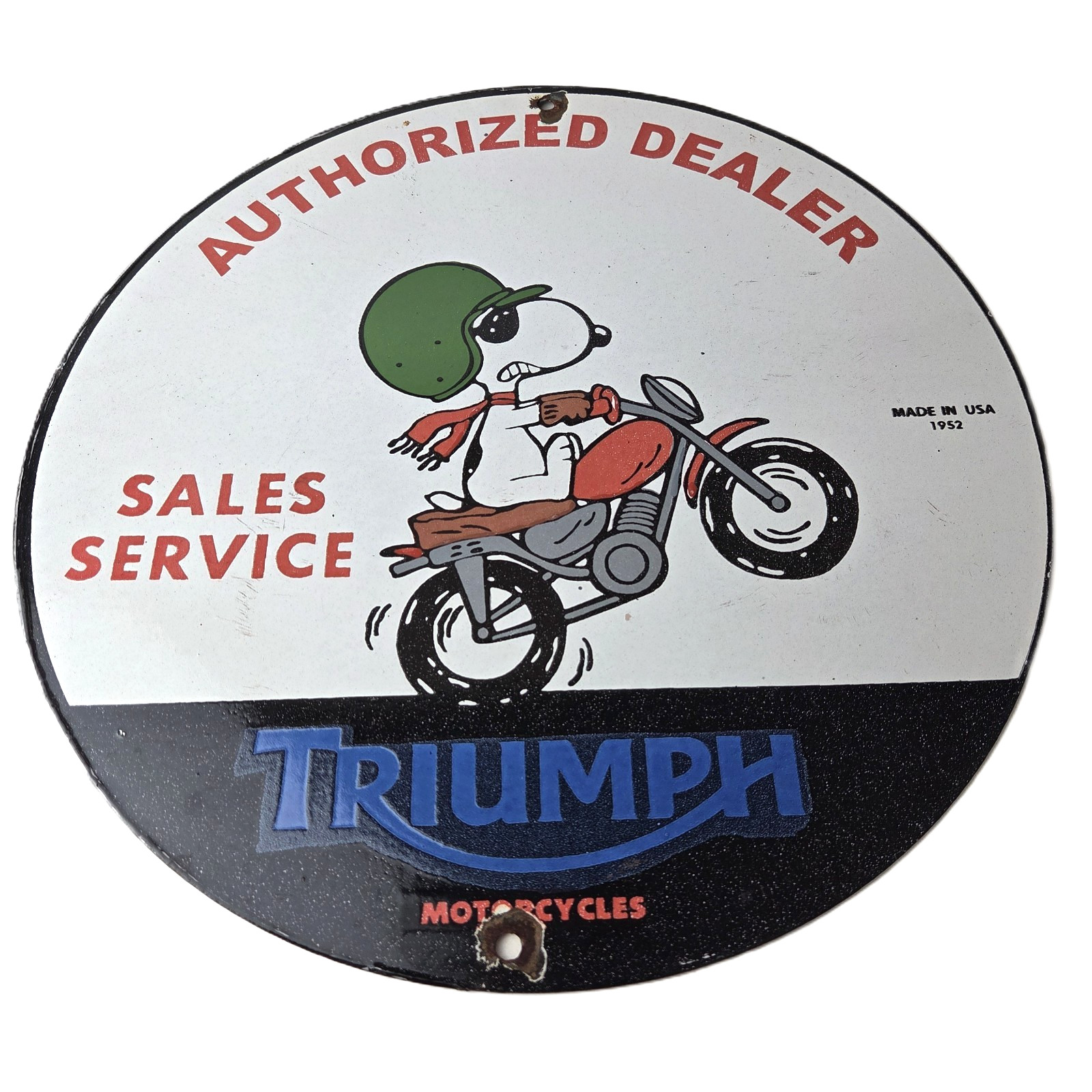 Vintage Triumph Motorcycles Sign - Gas Pump Garage Porcelain Snoopy Sign