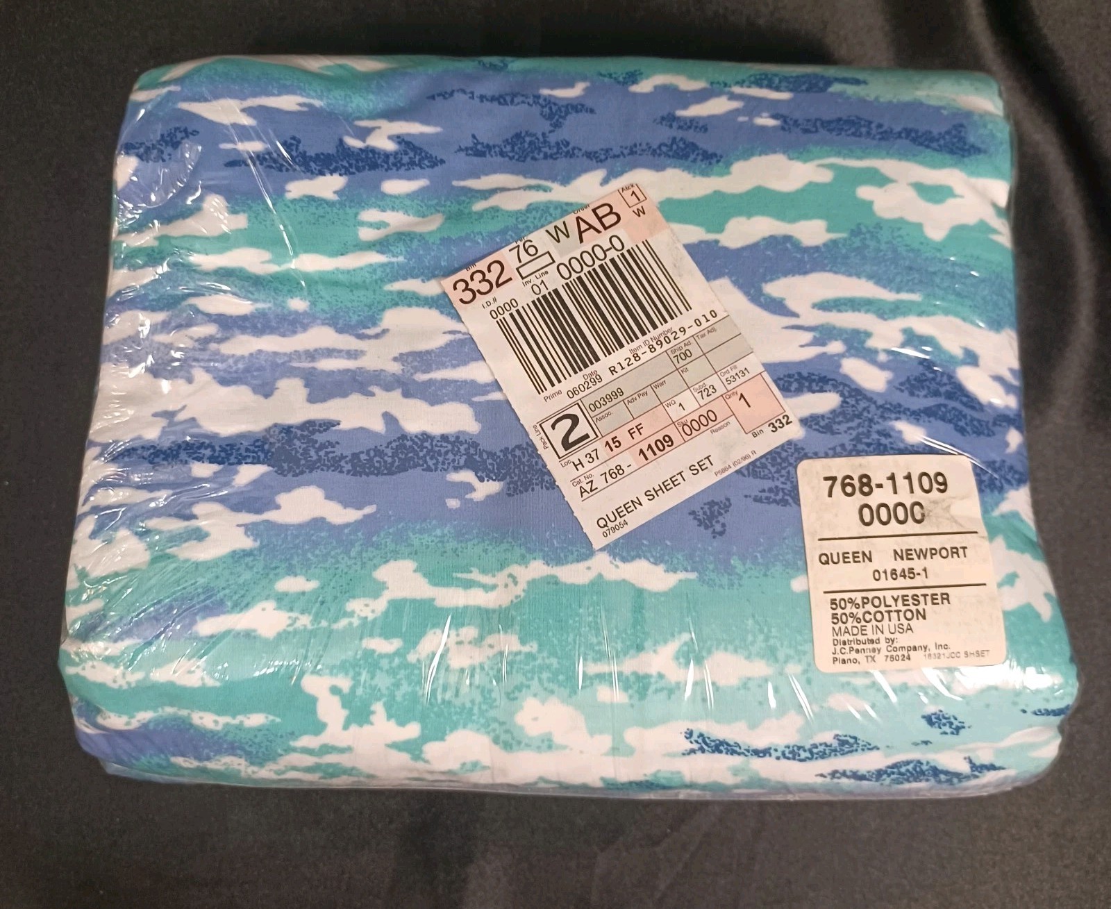 Vtg Jc Penney Newport Queen Sheet Set No Cases Blue Teal Abstract Wave Beach 