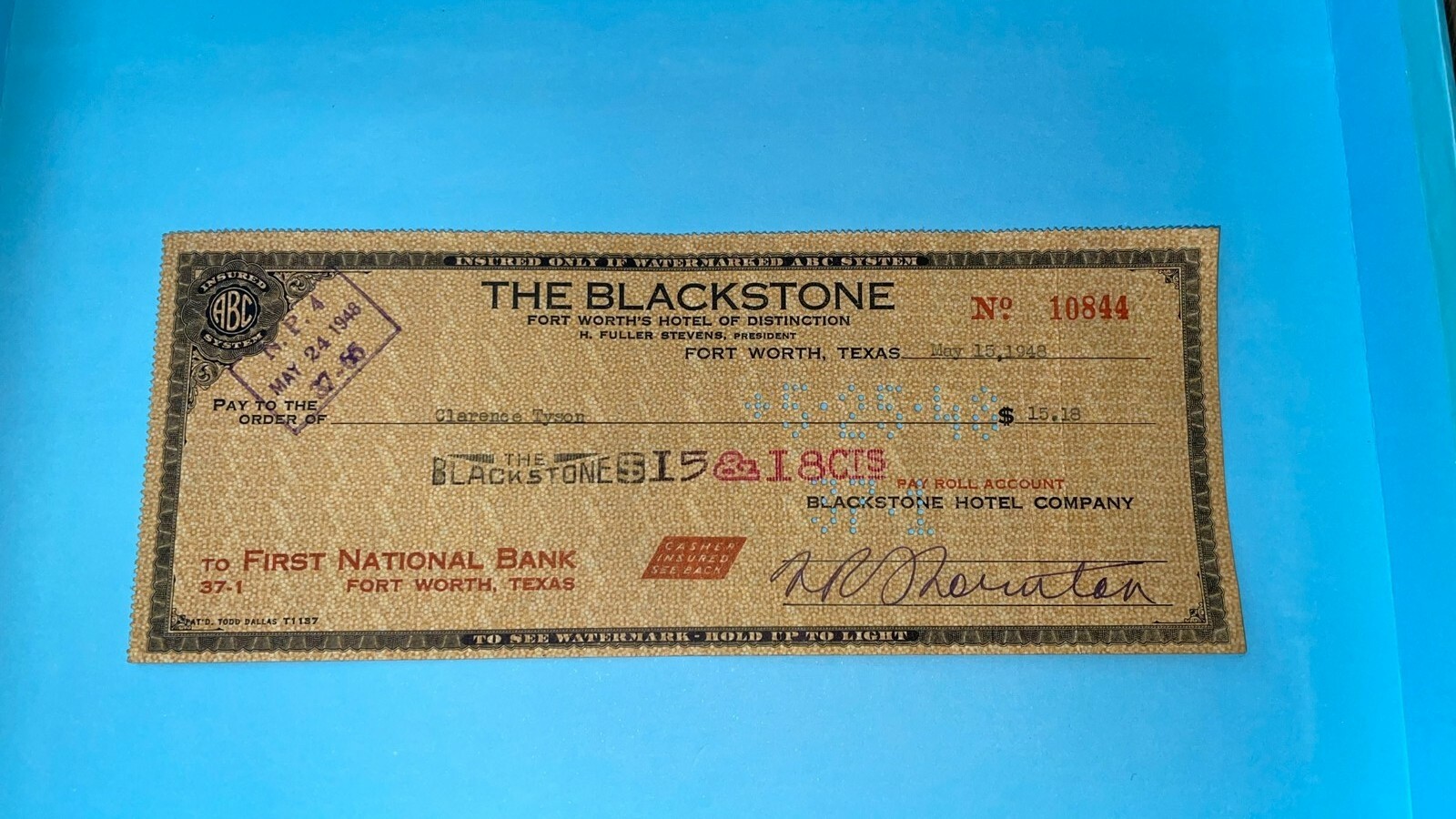 MINT CONDITION paycheck 1948; Blackstone Hotel, Fort Worth Texas; 