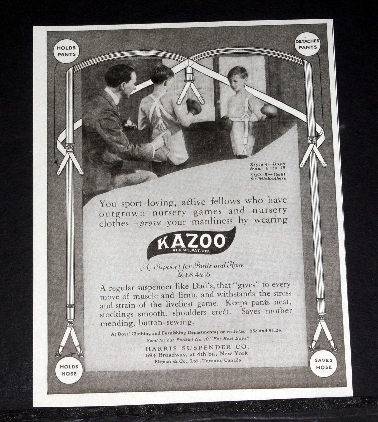 1920 OLD MAGAZINE PRINT AD, KAZOO SUPENDERS, FOR SPORT LOVING ACTIVE FELLOWS