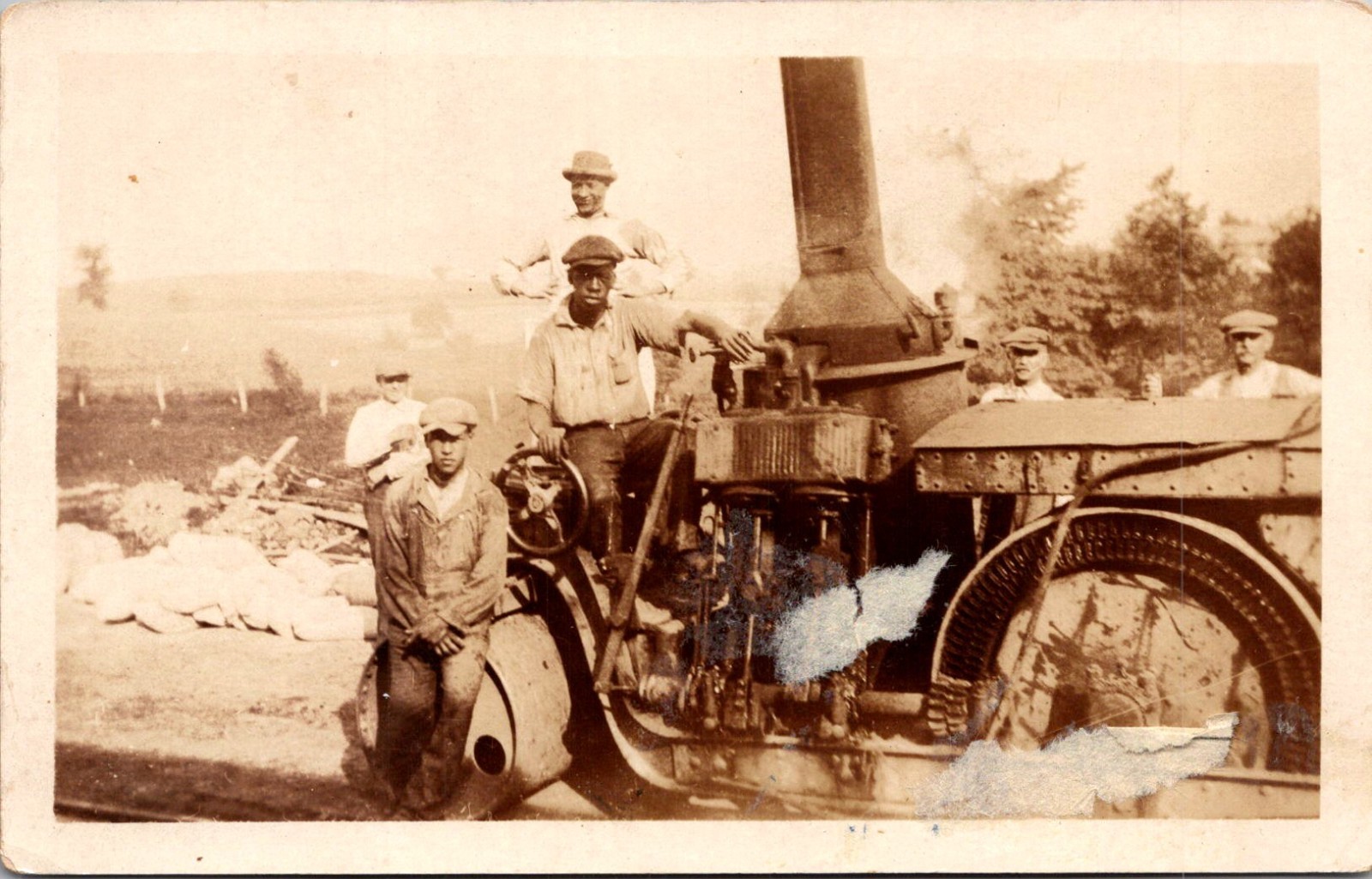 African American Workers Beside Old Steamroller RPPC Real Photo Postcard 4P23-1